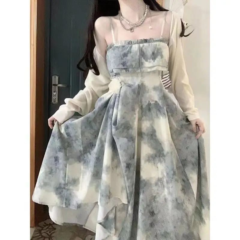 Bộ Váy Ống Nở, In Mực Nhẹ Nhàng, Dành Cho Nữ, Loại Mỏng Mùa Hè, Áo Cardigan Chống Nắng, Váy Hai Dây Pháp Tiệc Trà