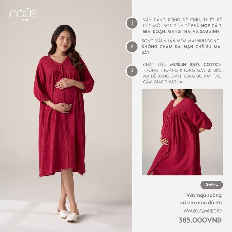 [KOL Nous Mom] Váy ngủ suông cổ tim màu đỏ đô chất liệu thoáng mát dành cho mẹ bầu và sau sinh