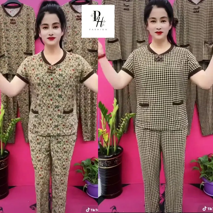 Đồ bộ nữ trung niên cho mẹ, bộ thun trung niên nữ họa tiết sọc, quần dài ống nhỏ - VD77