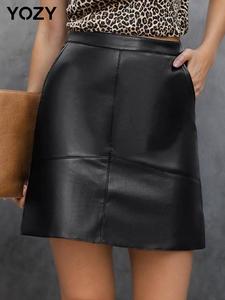 YOZY Women's Solid Color Pocket PU Leather Skirt, Fashionable Short Skirt for Daily Outdoor Wear, Ladies Bottoms for Spring & Fall