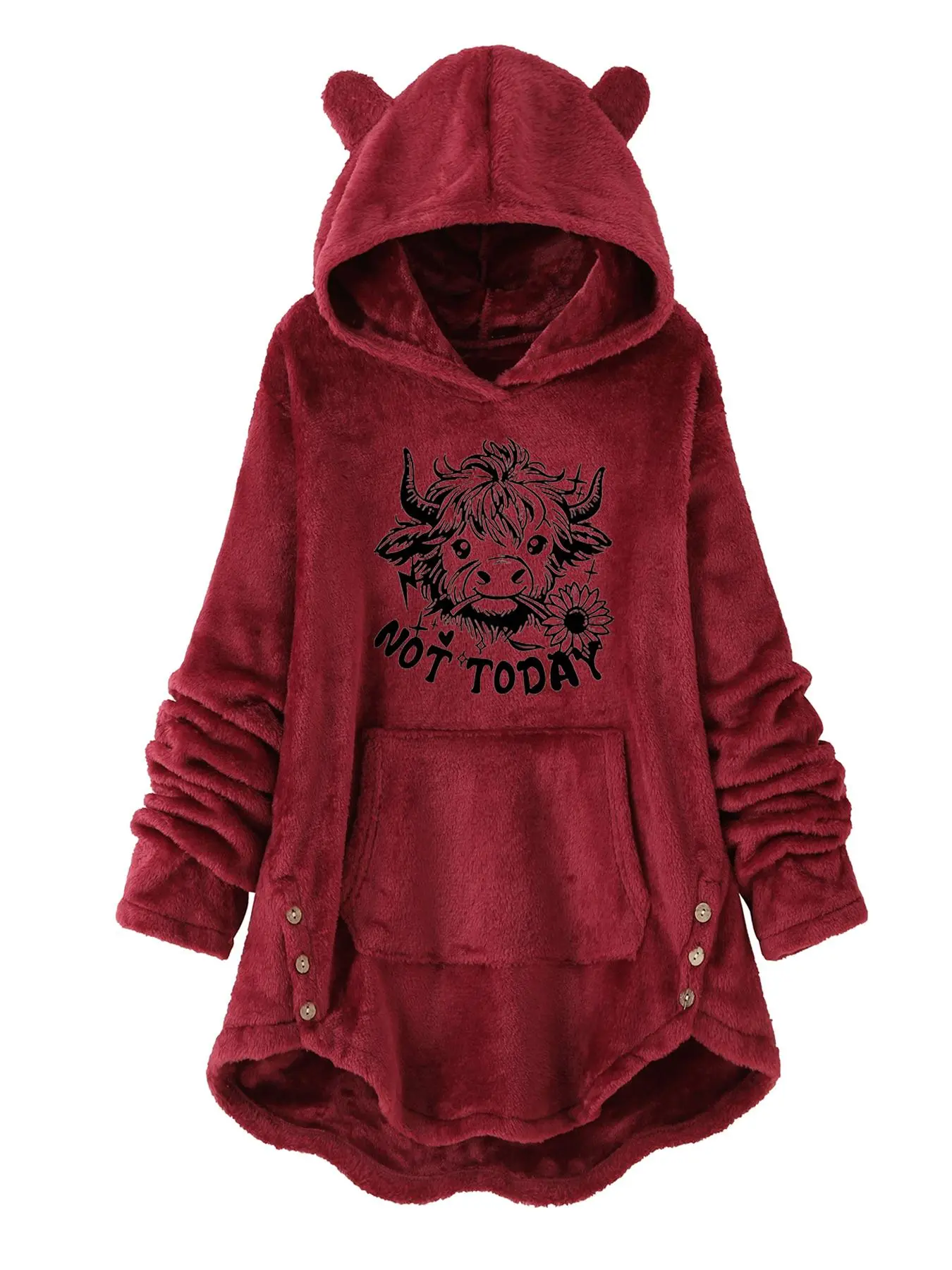 Women's Highland Cow & Sunflower Print 3d Ear Decor Button Front Thermal Lined Hoodie, Casual Asymmetrical Hem Drop Shoulder Kangaroo Pocket Fuzzy Hooded Sweatshirt for Daily Wear, Ladies Clothes for Fall & Winter