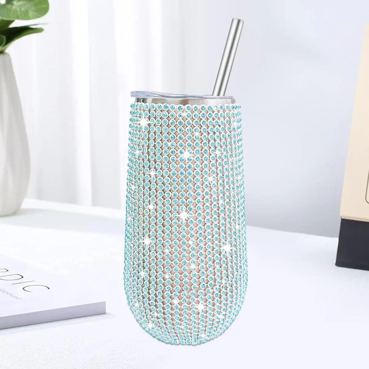 Rhinestone Decor Tumbler Cup with Straw, 1 Count Double Layer Vacuum Flask, Kitchen Accessories Insulated Water Bottles, Portable Drinking Cup, Drinkware for Home Office Party, Household Supplies