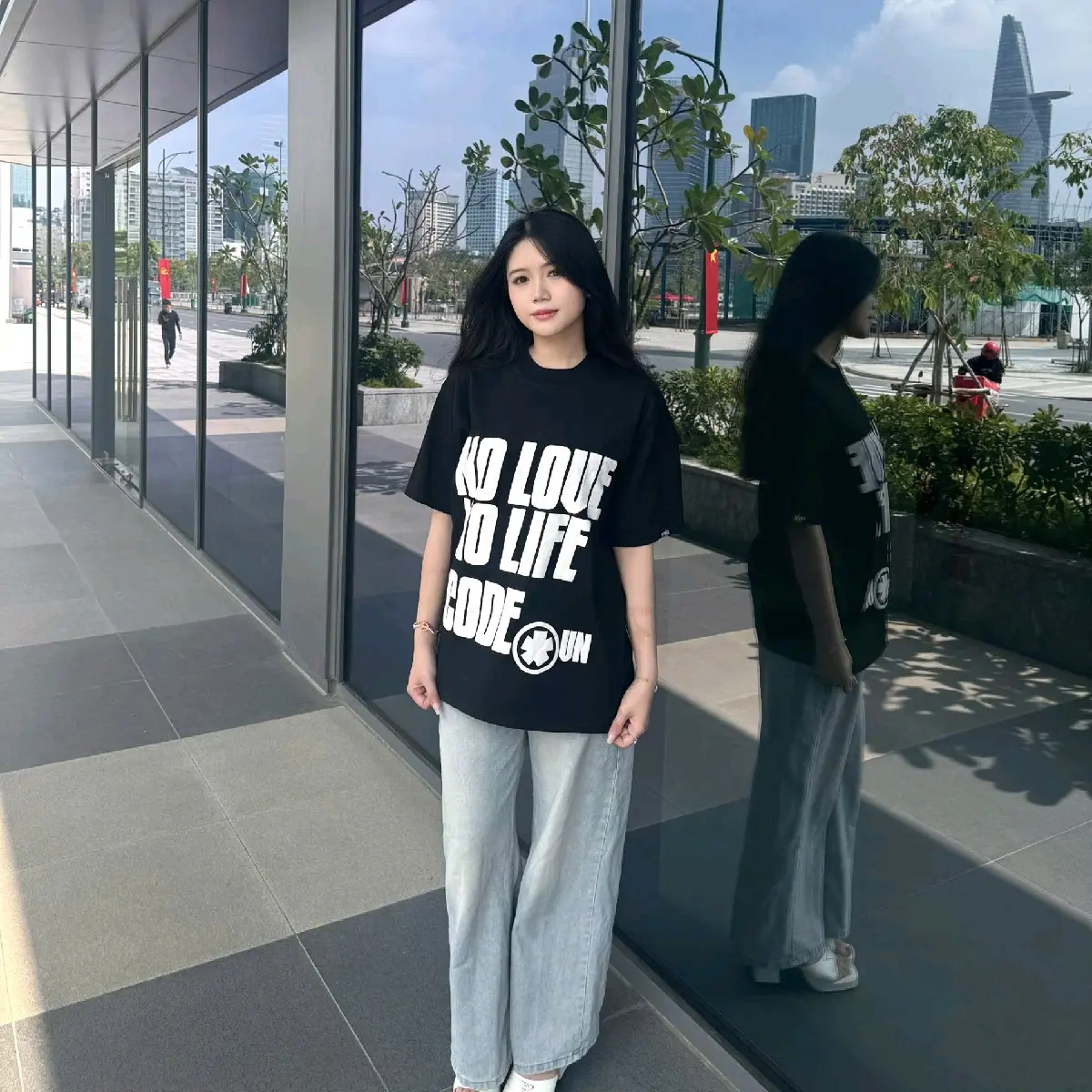 SR9A - Áo thun form rộng unisex in chữ phong cách chất cotton 2C Top Cổ Tròn Unisex