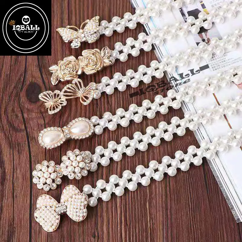 Ikat Pinggang Pesta Rantai Mutira Melar Terlaris Dan Termurah / Motif Kepala Random / Tali Pinggang Mutiara Melar / Sabuk Gaun Fashion Wanita / Rantai Mutiara Wanita Elastis gesper spinner coquette