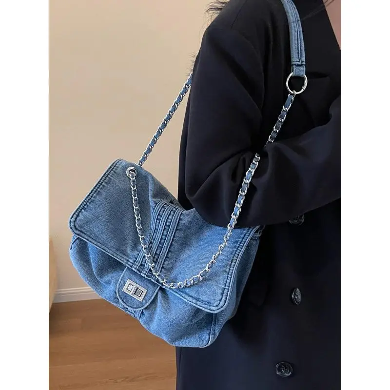 Beg Denim untuk Wanita, Fesyen Baharu 2024, Kapasiti Besar, Beg Bahu Rantai, Gred Tinggi, Beg Hobo Sentong Qin Tote