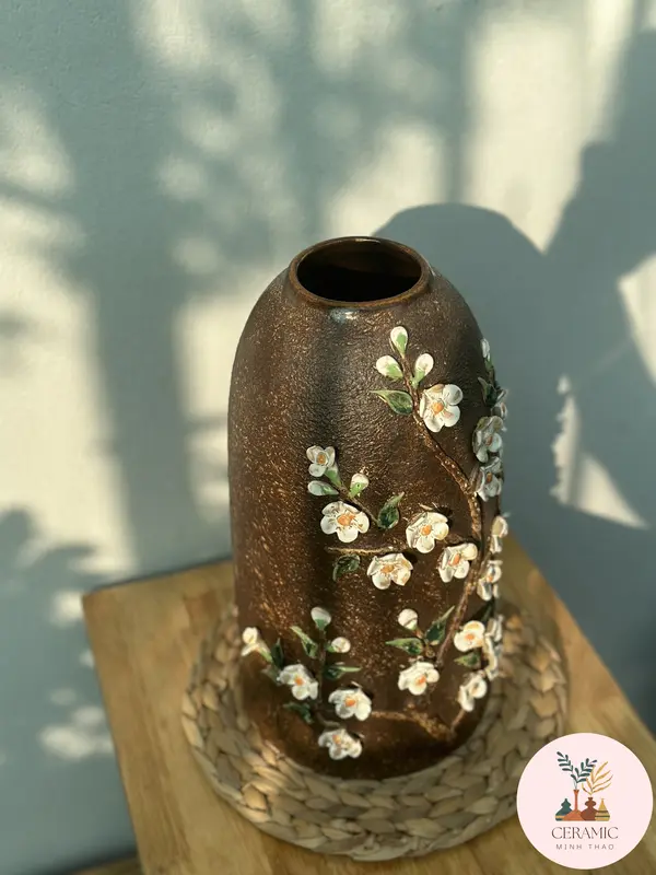 Bình đắp hoa nổi thủ công - gốm Bát Tràng Decor bình chuông  cắm hoa lọ hoa 2