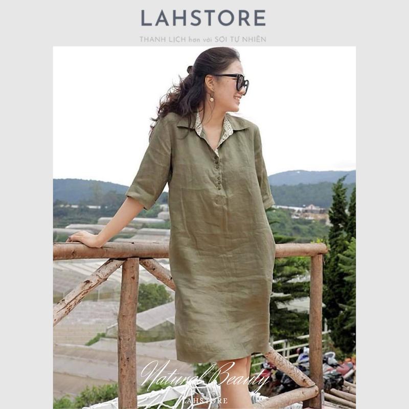 Đầm suông linen LAHSTORE chất linen mềm mát, cổ đức phối nẹp pha cao cấp sang trọng (Đen) Nữ Dress 7