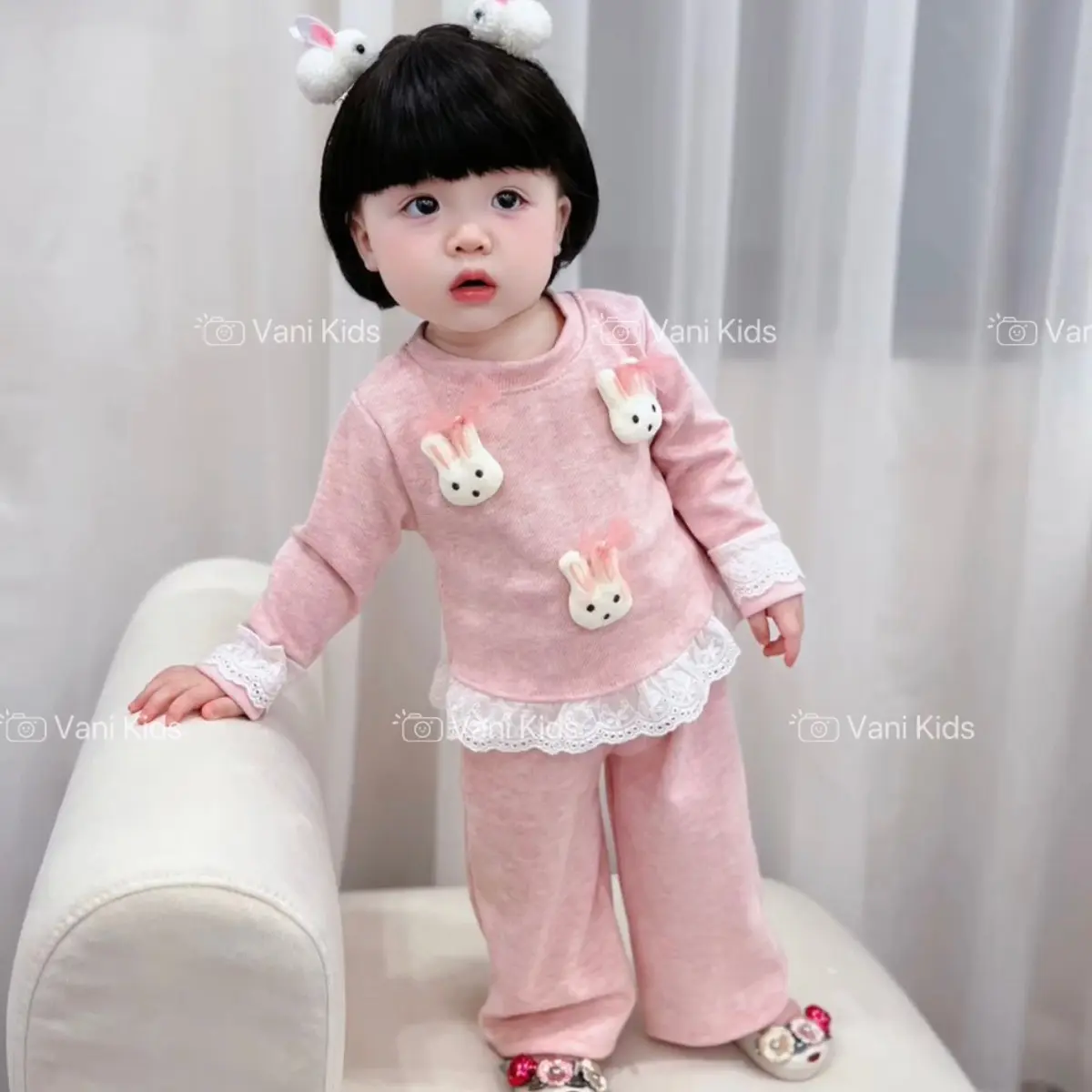 Sét Bộ Quần Áo Tăm Thỏ Cho Bé Gái, chất liệu tăm lông thỏ mềm mịn