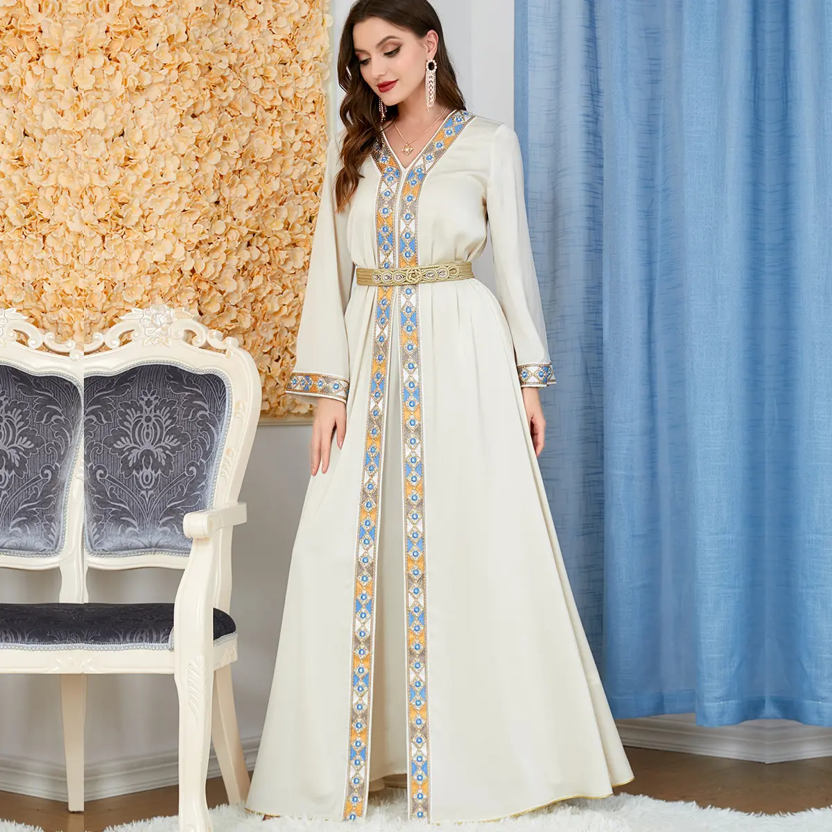 Quần Áo Abaya Trung Đông Cho Nữ, Quần Áo Ả Rập Xẻ Tà, Cổ Chữ V, Ngoại Thương, Dài Tay, Váy Hai Mảnh Châu Âu Và Mỹ, 3237