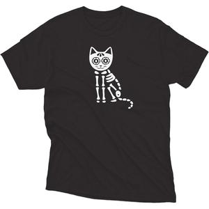 Muégano Playera Hombre Calaca Gato de Algodón Decorada | Camiseta T-Shirt | Día de Muertos Halloween