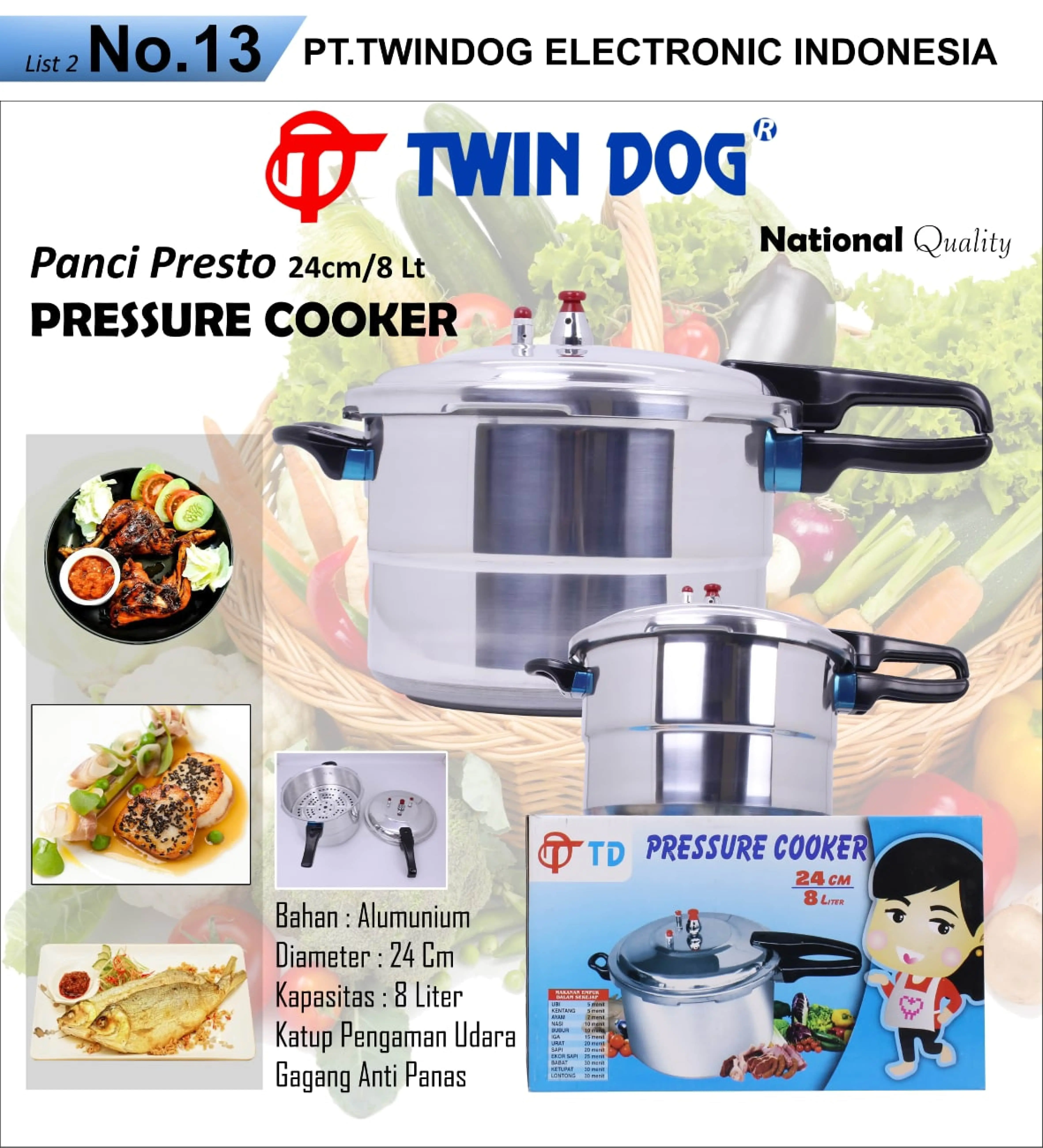 Twin Dog Panci Presto 24 cm 8 Liter Pressure Cooker Bahan Aluminium
