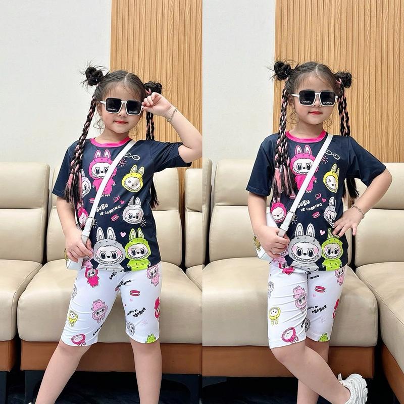   10kg tới 50kg  Bộ tay cộc  quần lửng labubu  cho bé gái  chất thun lạnh in hoạ tiết hoạt hình  đi chơi cho bé 10kg tới 45kg  mặc êm  mềm mịn thoải mái thấm hút mồ hôi không xù lông và ra màu  giặt máy thoải mái. 