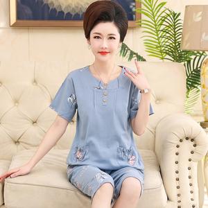 Summer Cotton Pyjamas For Elderly Moms Short Sleeve Round Neck Two Piece Loungewear Women'S Night-Clothes Sleepwear