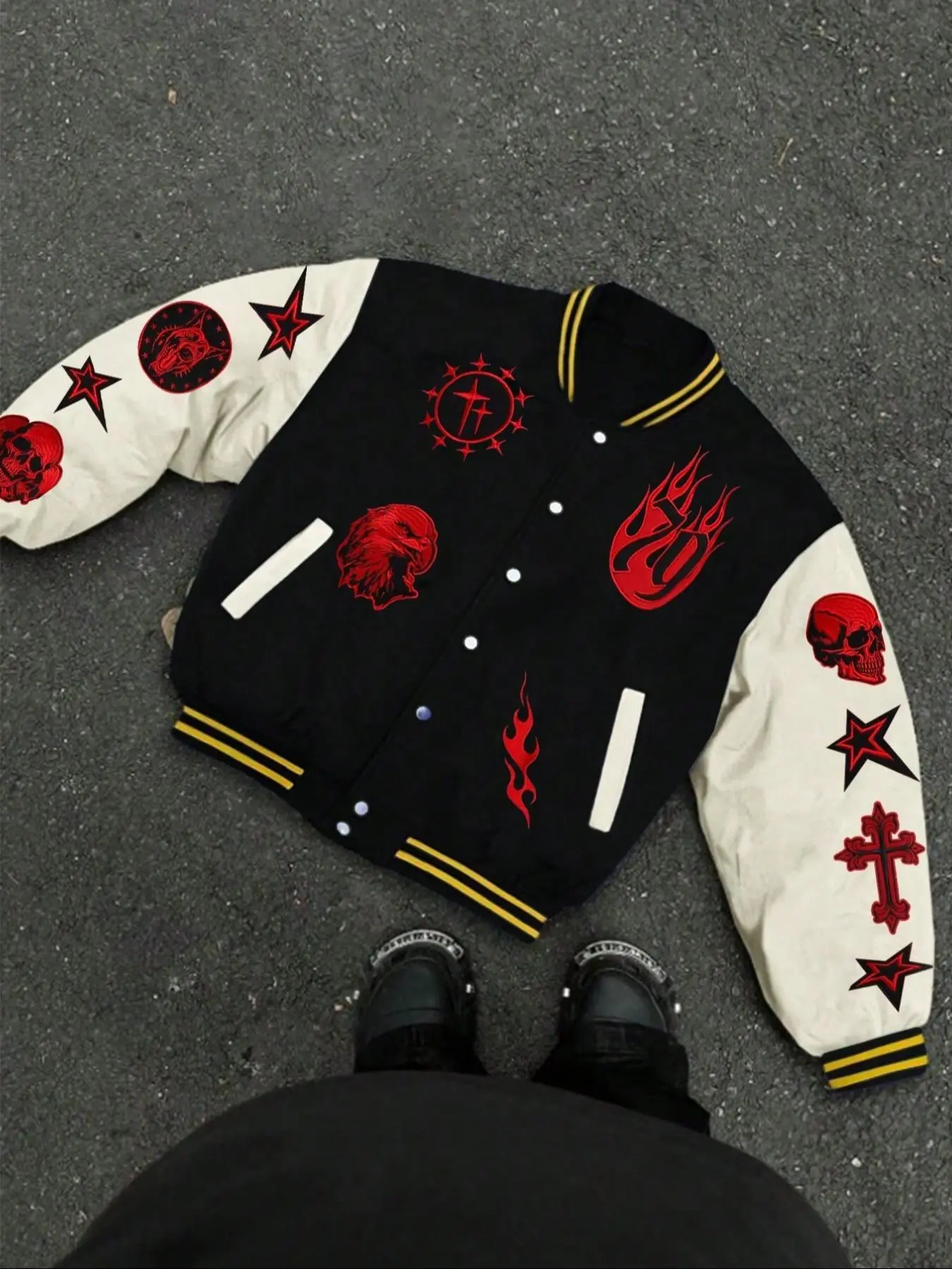 Men's Regular Fit Skull & Cross Pattern Baseball Jacket, Casual Comfy Baseball Collar Long Sleeve Outerwear for Spring & Fall, Fashion Men's Clothes for Daily Wear