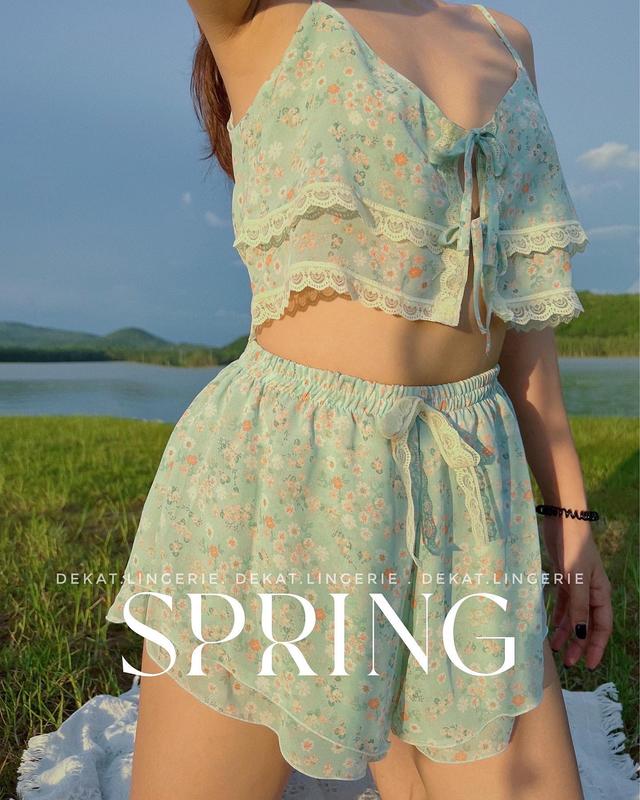 Set bộ SPRING 2 dây phối ren, chất liệu voan 2 lớp mềm mịn nàng thơ ( không bị lộ ) Có hoa Mùa hè Có hoa Nữ Women Áo