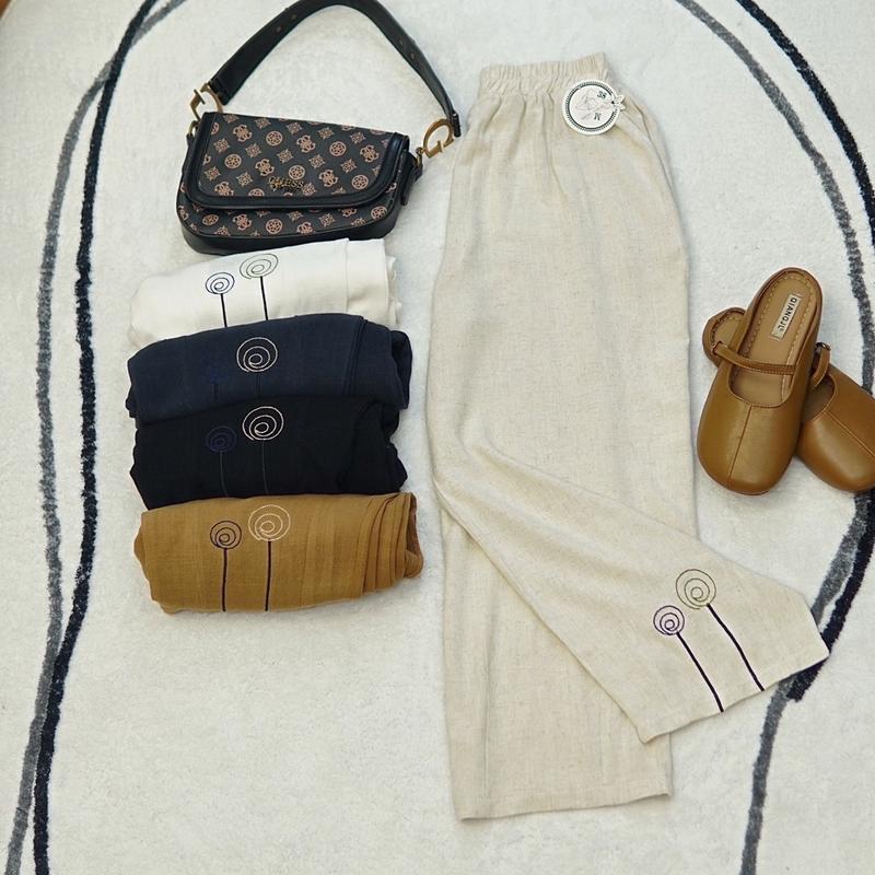 (Ms38) Quần Baggy Nữ Chất Linen Bambo Thái , Thêu Kẹo mút tạo điểm nhấn. Women Kem Pants Nhung Trắng