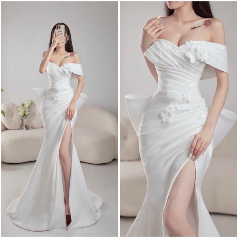  Váy đi bàn cô dâu xẻ đùi trễ vai kết hoa kèm nơ sang trọng Ely 