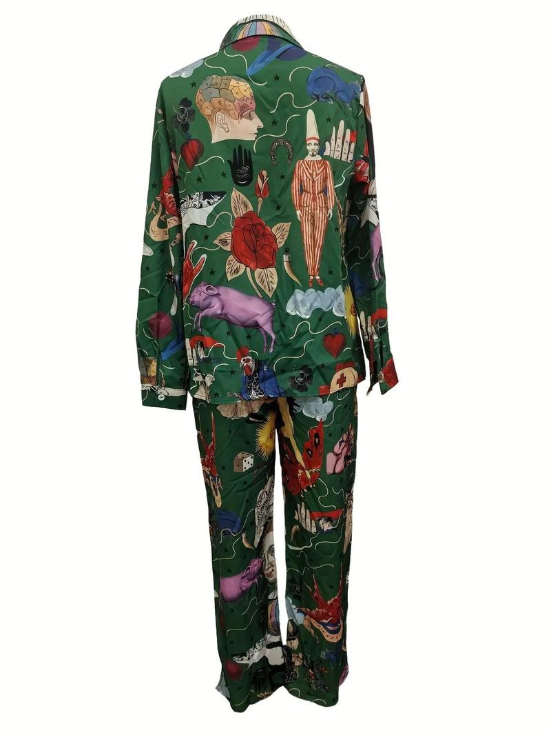 Product Introduction of Women's Cartoon Print Button Front Shirt & Elastic Waist Pants Two-Piece Set, Casual Long Sleeve Top & High Waist Trousers for Daily Wear, Ladies Summer Clothes 2