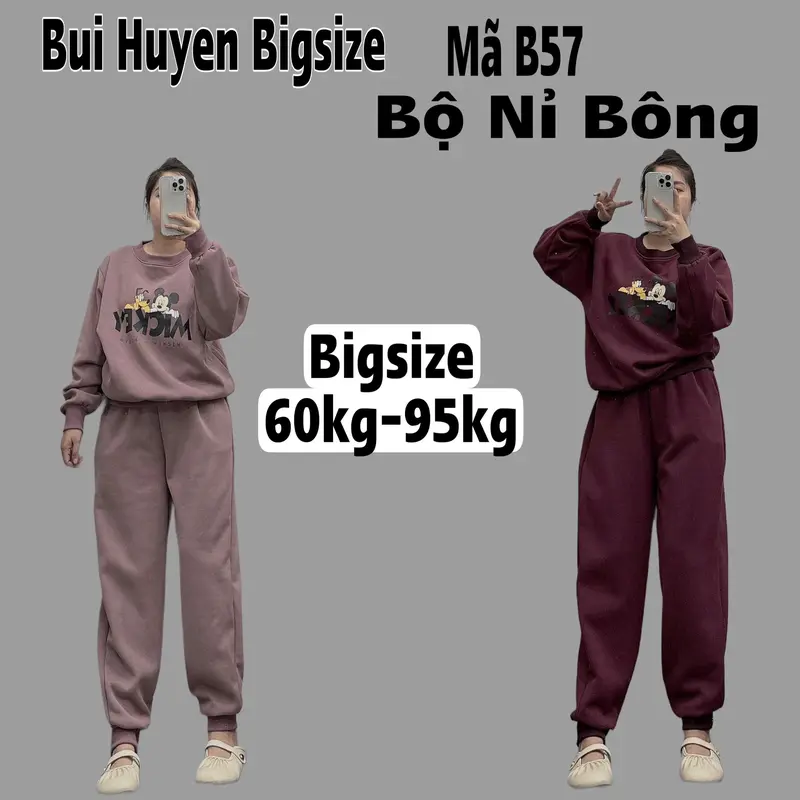 B57-Bộ Nỉ Bông Áo Dài Quần Dài Bo Gấu In Hình Mickey BIGSIZE 60-95KG 0