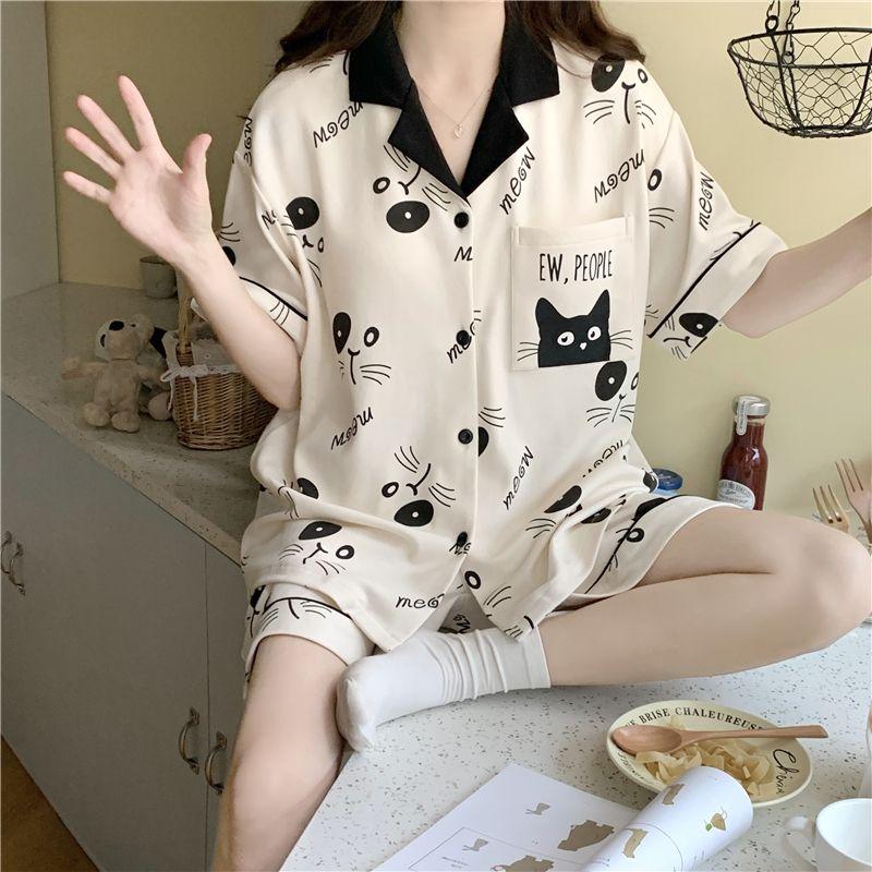 Product Introduction of Bộ Đồ Ngủ Mùa Hè Cho Nữ, Có Đệm Ngực, Áo Cardigan ngắn Tay, Quần Đùi, Bộ Đồ Mặc Ở Nhà Dễ Thương, Hàng Mới Về, Với Thiết Kế Hình Mèo, 2024 8