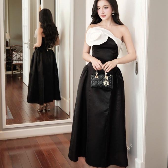 Đầm dạ tiệc đen Khiết phối hoa trắng 3D tinh xảo, form váy quây ôm xòe chữ A sang trọng  KD333