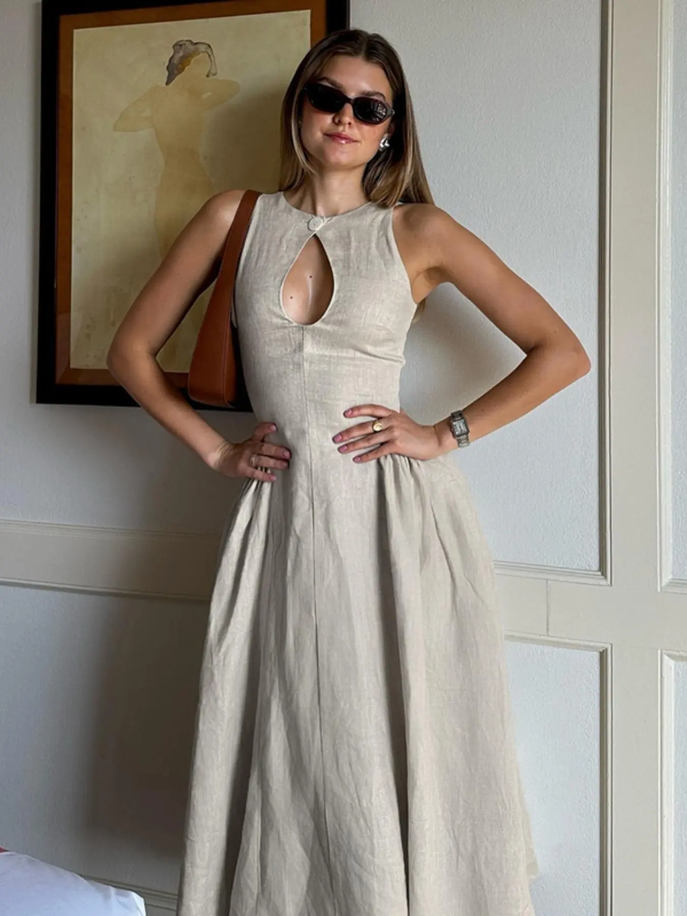 Women's Plain Cut Out Button Front Tank Dress, Elegant Sleeveless Zipper Back A Line Dress for Party Holiday Wedding Guest, Ladies Clothes for All Seasons, Dresses for Holiday