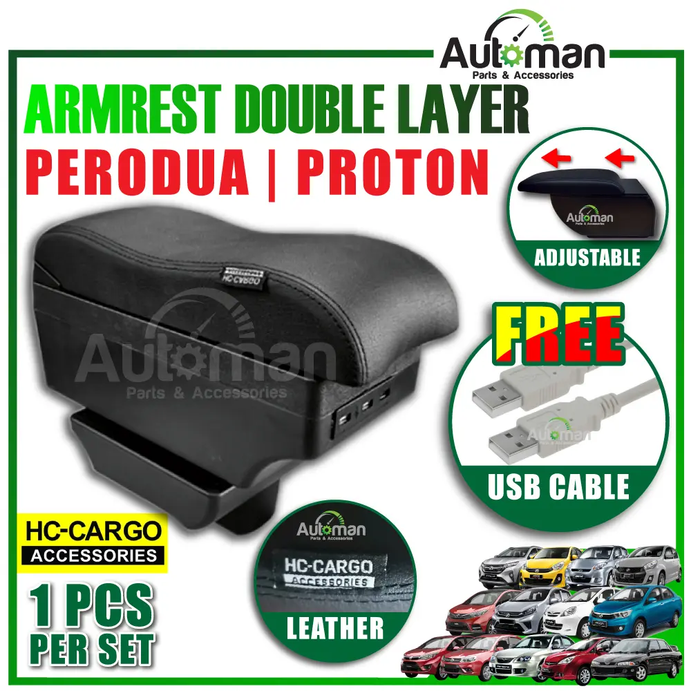 ARMREST 3USB HC Cargo Proton Perodua Perodua Myvi Bezza Aruz Axia Viva Persona Iriz Saga 2016 - 2022 BLM FL FLX Wira Car Accessories Armrest Premium USB 3 LED Indicator Double Layer Arm Rest Black Armrest Rear Racks Automotive Interior
