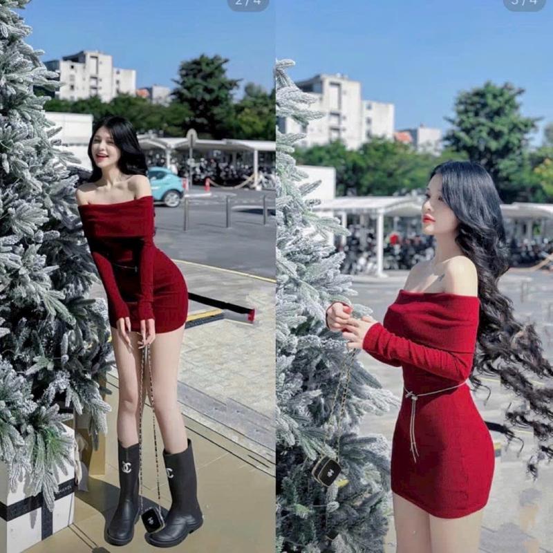 Đầm đỏ trễ vai tay dài dáng ngắn