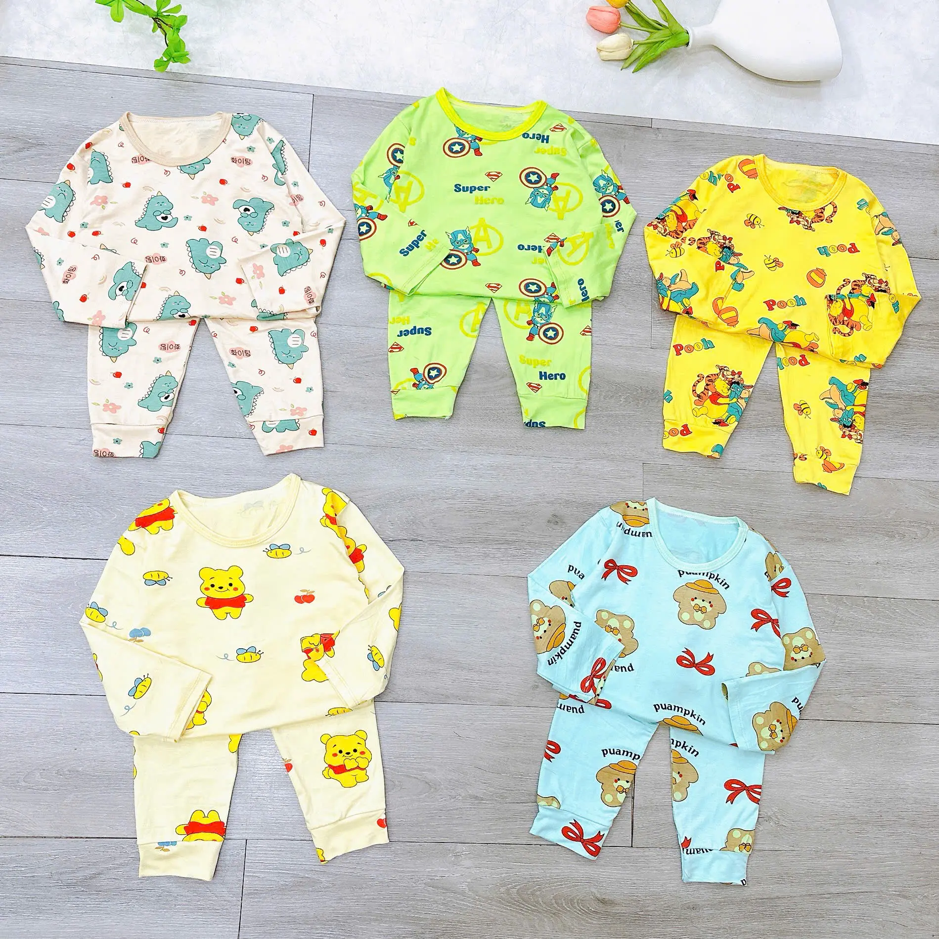 Set 4 Bộ Quần Áo Thun Lạnh Dài Tay Siêu Mềm Mát Nhiều Hình In Dễ Thương Cho Bé Mặc Ngủ Nằm Điều Hòa Cực Thích bộ  thun