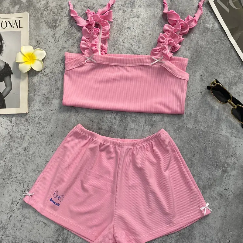 [ Bow.tie] bộ ngủ hai dây bèo , mặc đi biển, chất thun tăm lạnh mềm mát, co giãn 4 chiều Women 4