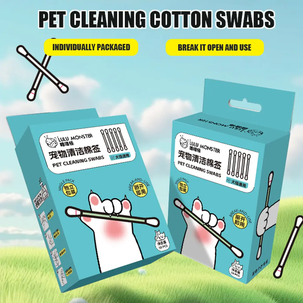 Fashion Pet Cleaning Cotton Swab with Built-in Cleaning Solution for Eye and Ear Care, Suitable for Cats and Dogs 50PCS