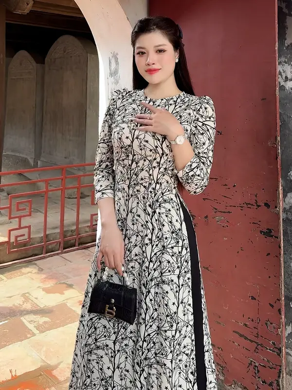 Áo dài hoa sao, hoa nhí đen cổ tròn, tay phồng thanh lịch - Áo dài Nữ dáng truyền thống - Mã HN05 3