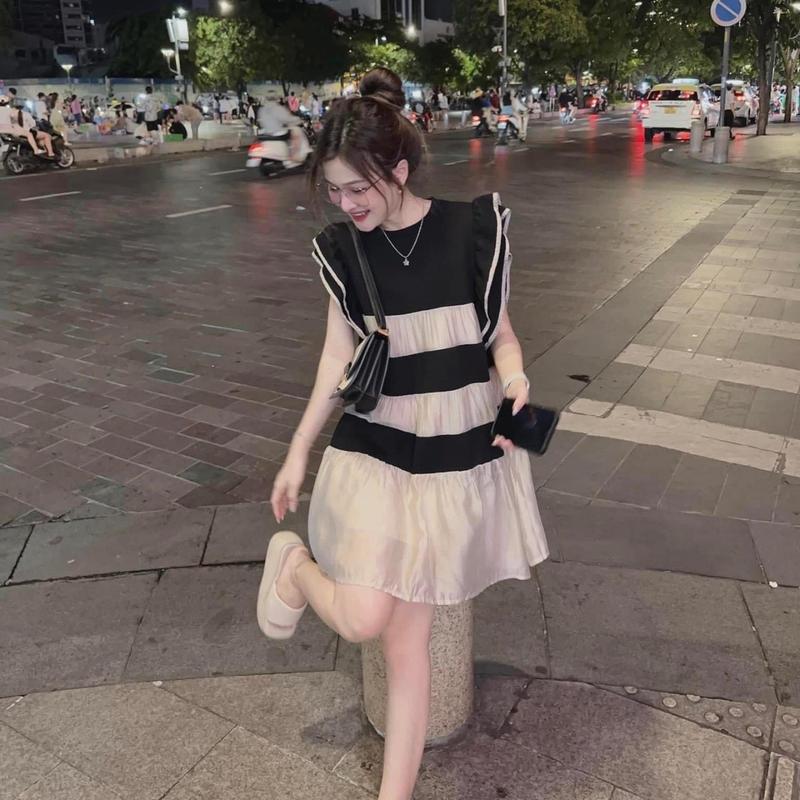 Váy phối tơ cánh tiên dáng suông be xám đầm babydoll nữ tiểu thư MAI CHI STORE VN345 Thun Women Dress