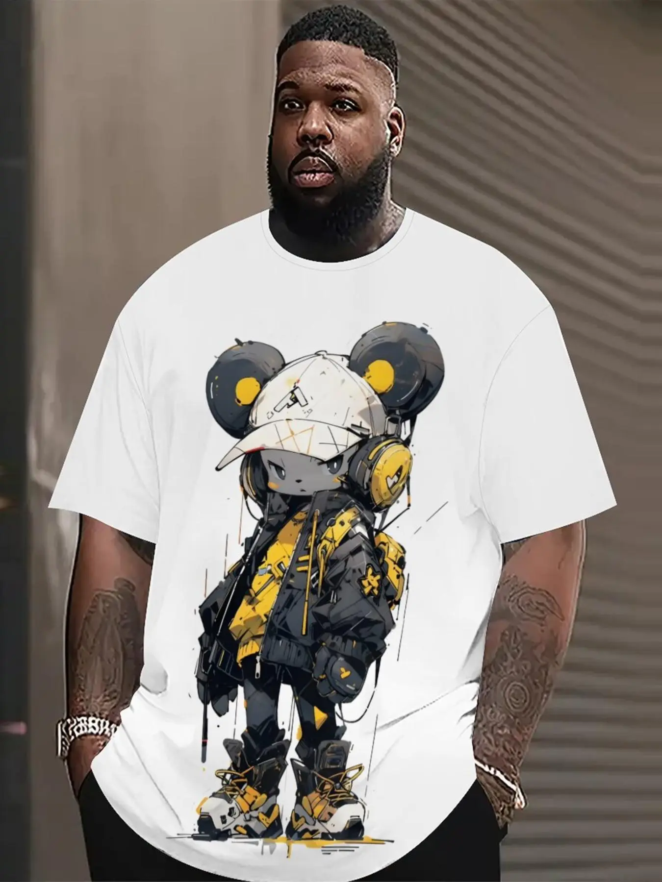 【Plus Size】 Cartoon Print Round Neck Tee, Regular Fit Casual Short Sleeve T-shirt for Daily Wear, Men's Plus Size Clothing for All Seasons, Top