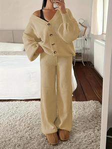 Two-Piece Set Women's Solid Button Front Cardigan & Wide Leg Pants Set, Casual Drop Shoulder Long Sleeve Top & Trousers Set for Fall & Winter, Women's Clothes for Daily Wear