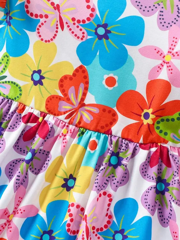 Girl's Floral Print Dress, Casual Round Neck Dress for Summer, Kids Clothes for Daily Wear 5