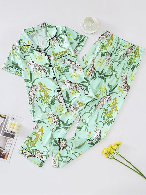 Two Counts Women's Lapel Shirt & Elastic Waist Pants Pyjamas Set, Pj Sets for Women, Casual Button Front Top & Trousers Loungewear Set, Pyjamas for Women, Lounge Set, Ladies Sleepwear for Summer, Hide Tummy Wear Uk, Pajamas, Womenswear 6