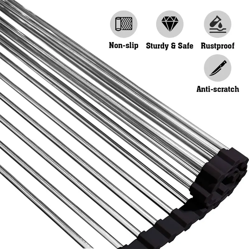 Rak Cuci Piring Lipat Stainless Foldable Kitchen Sink Drain Rack Multifungsi Anti Karat Penyimpanan 5