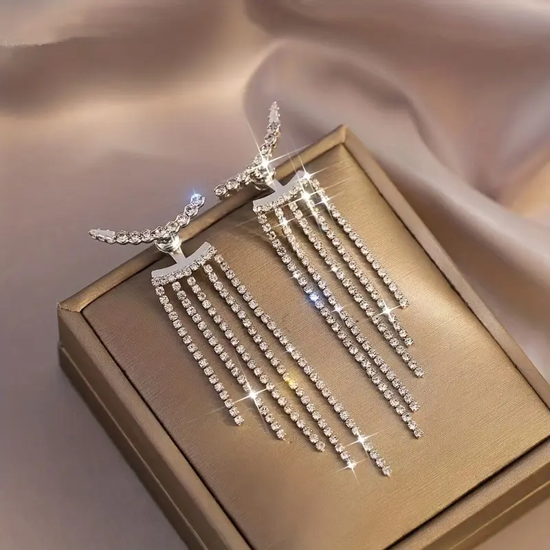 Silvery Chain Tassel With Sparkling Zirconia Inlaid Dangle Earrings Elegant Luxury Style Copper Silver Plated Jewelry Banquet Ear Ornaments 7