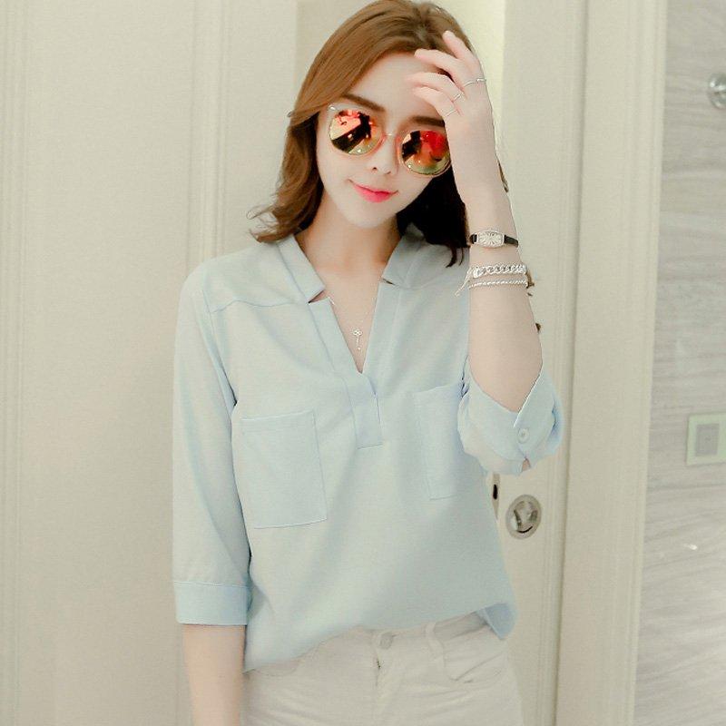 áo sơ mi nữ công sở kiểu cổ v tay lửng 2 túi Top Shirt Women Xanh Voan áo tingoan Voi quầnshort tráitim đầm tímnhạt áocroptop taydài