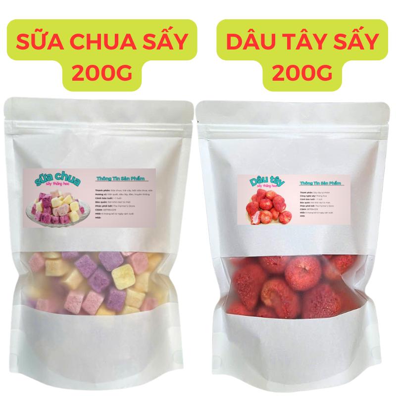 HỎA TỐC Combo 400G Dâu tây sấy giòn và chua sấy thăng hoa + Trái cây sấy Snack Cay Ăn Vặt Food sữa khô