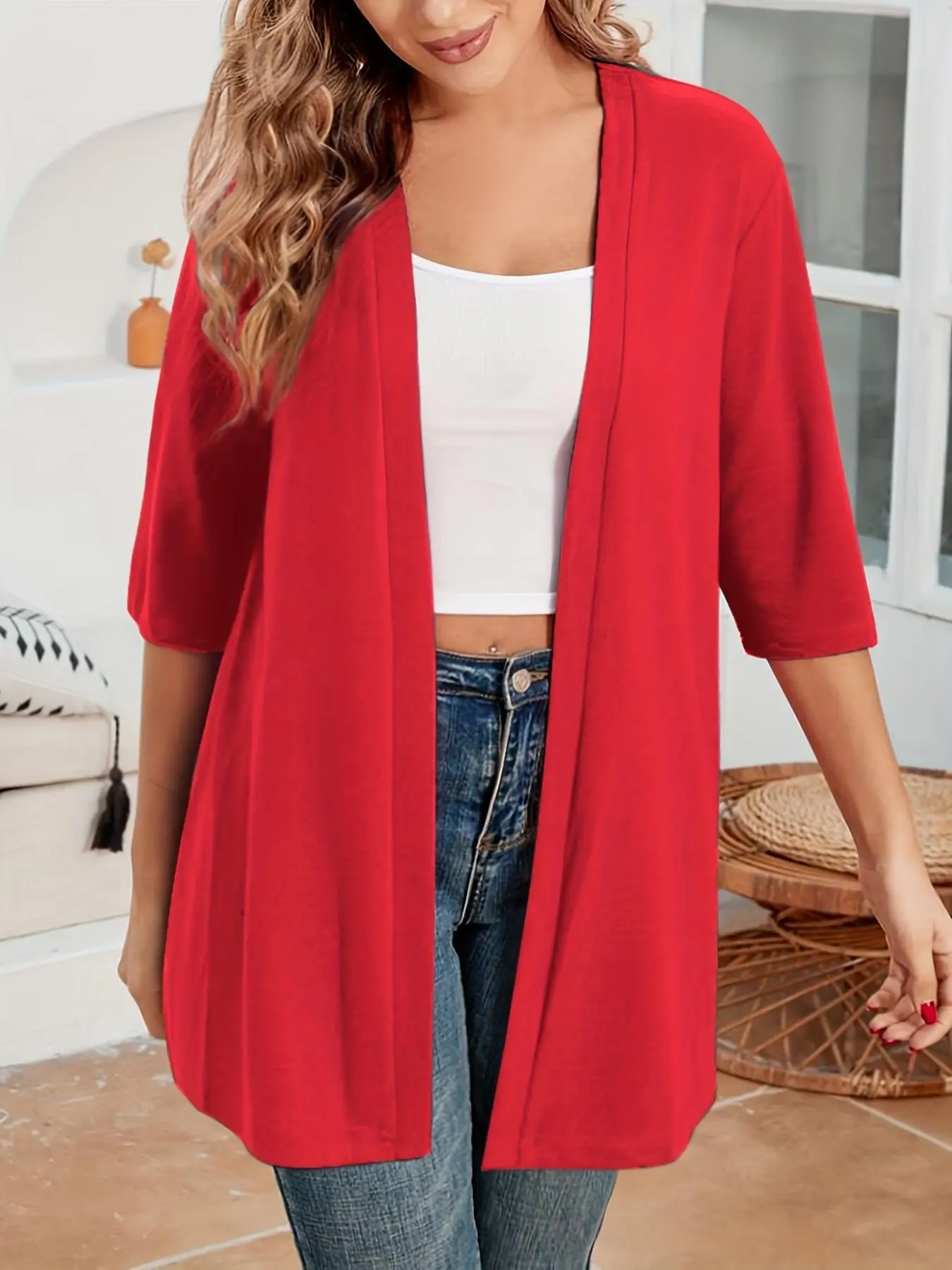 【Plus Size】 Women's Solid Color Drop Shoulder Open Front Cardigan, Plus Casual Fashionable Half Sleeve Outerwear, Coats for Women, Summer Back To School Outfits 2024, Women Plus Clothing for All Seasons, Autumn Outfits