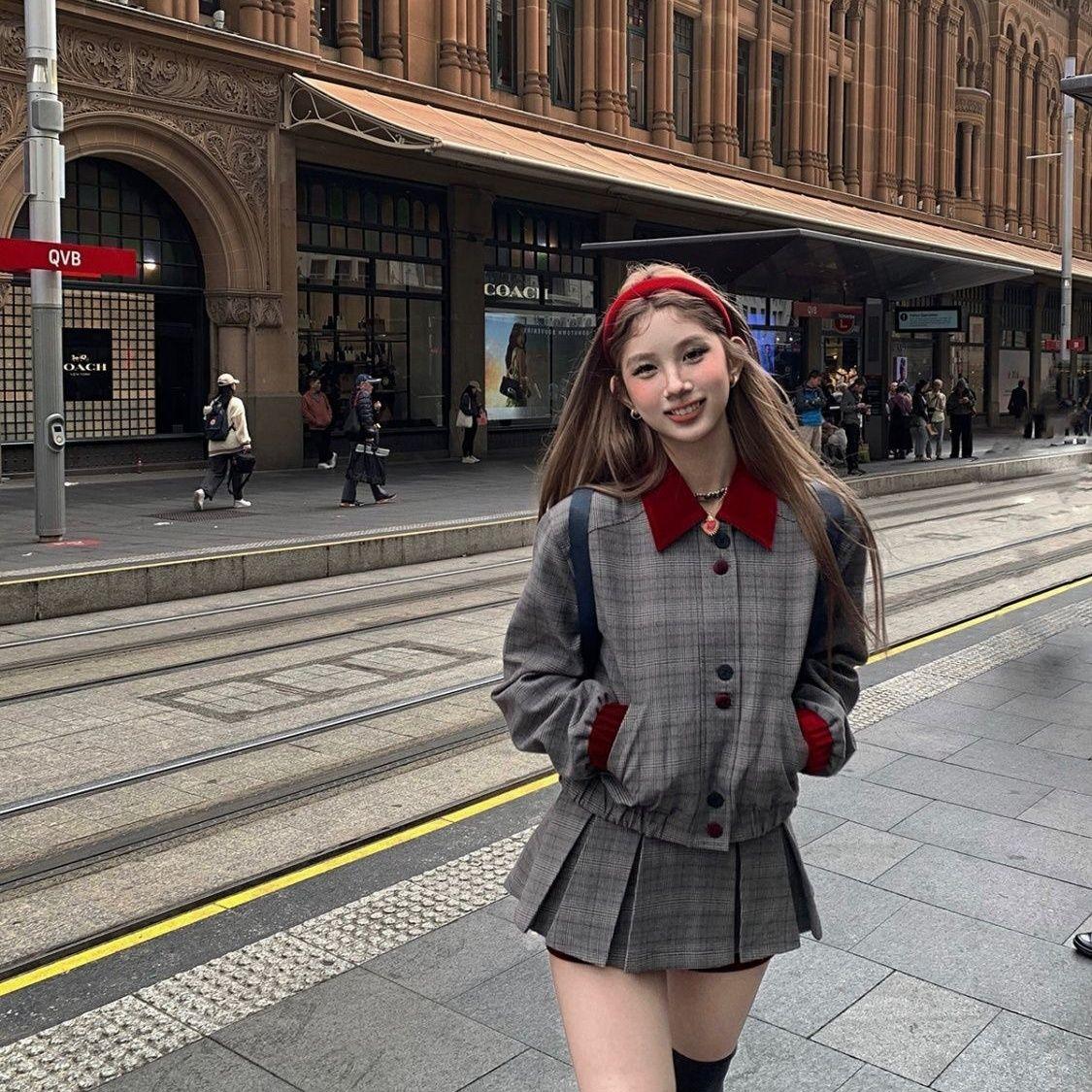 2-piece set, short jacket, retro plaid pattern, loose fit, slimming style, pleated skirt, pleated sk