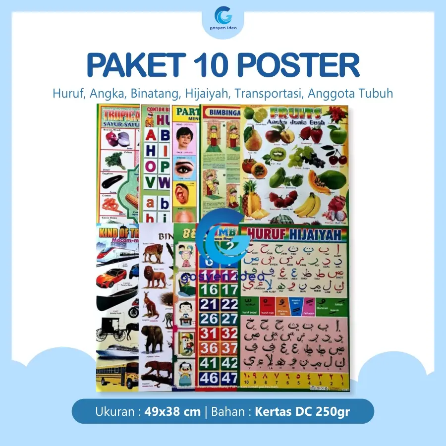 Paket 10 Poster Belajar Anak Edukasi Huruf, Angka, Binatang, Hijaiyah, Transportasi, Anggota Tubuh Karton Stationery