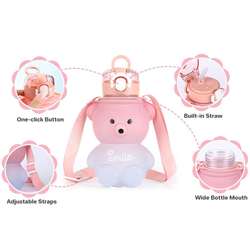 Cartoon Bear Design Water Bottle, Cute Large Capacity Water Drinking Bottle with Straw & Adjustable Strap, Portable Drinking Bottle for Home School Camp Outdoor 5