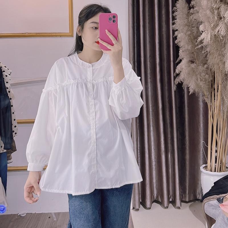 Áo sơ mi cổ tròn dài tay dáng xuông rộng cho bầu,chất thô mềm thoải mái Váy Bầu Đầm Bầu