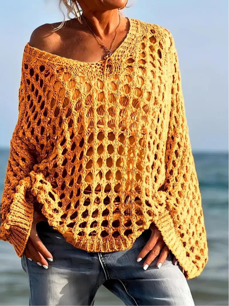 Product Introduction of Women's Plain Hollow Out Sweater, Casual   Long Sleeve Jumper for Summer, Fashion Women's Knitwear for Daily Wear 8