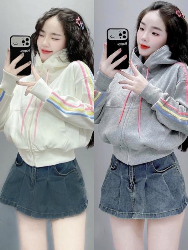 ÁO KHOÁC NỈ SỌC VIỀN 3 MÀU CÓ NÓN , DÂY KÉO CAO, NHIỀU MÀU CÓ TÚI TRONG CHO NỮ Hoodie Top