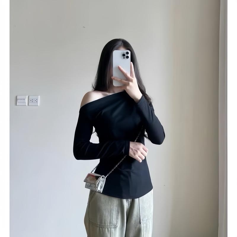 Áo Thun Trễ Vai Nữ Tay Dài Kiểu Ôm Body Xinh Xắn TUANLECLOTHING Đủ Màu Chất Liệu Bo Tăm Women Top Cổ Tròn Shirt áo trễ 1 bên Voi Voan Sơ Mi
