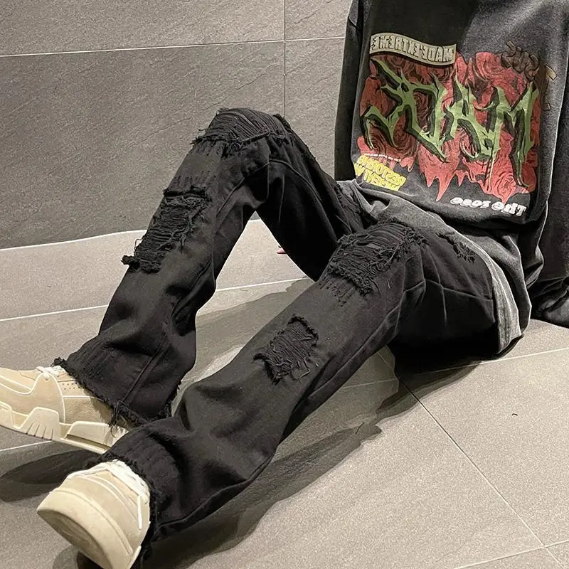 2025 [Store Hot Sale] European and American High Street Vibe Pants American Street Pure Black Jeans Men's Spring and Summer New Fake Ripped Frayed Trousers